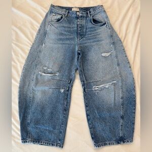 We The Free Good Luck Mid-Rise Distressed Barrel Jeans in Barnyard Blue